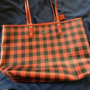Reversible red buffalo plaid Coach tote